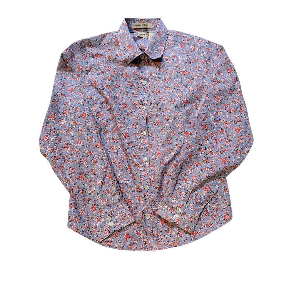 L.L.Bean Women XS Wrinkle Resistant Cotton Floral Button Down Shirt Blue - Picture 3 of 8